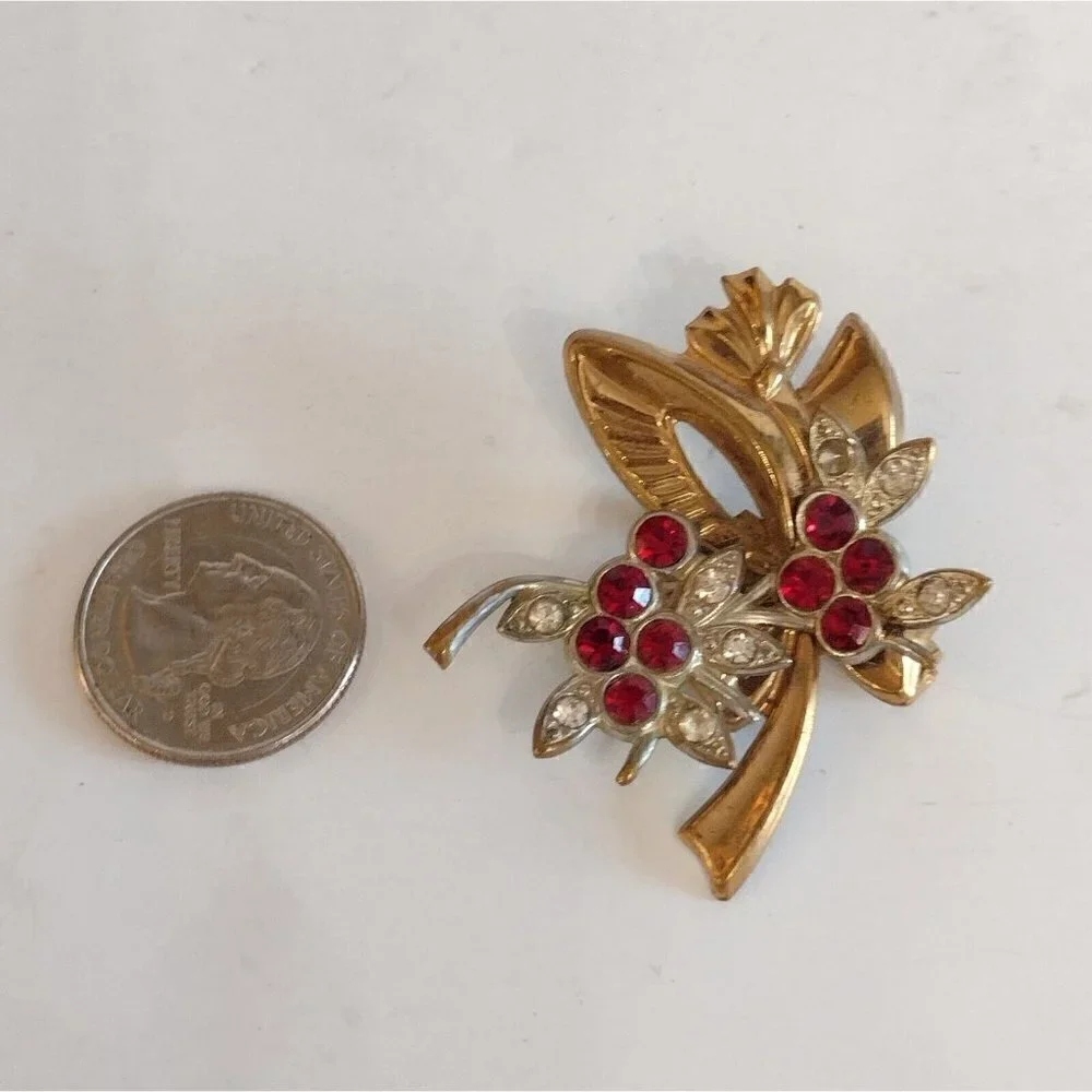 Vintage White & Red Rhinestone Floral Bouquet Brooch Gold Tone